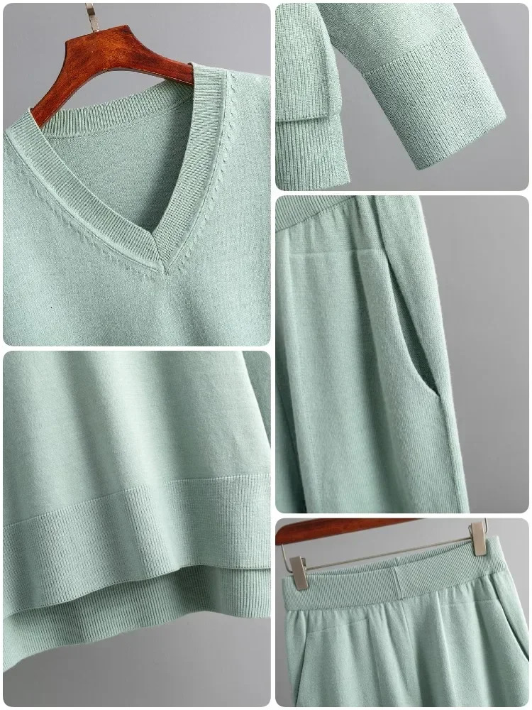 Womens Two Piece Pants Knitted sweater 2piece Peice set for womens winter and autumn warmth Vneck pull up straight pants casual oversized sportswear w
