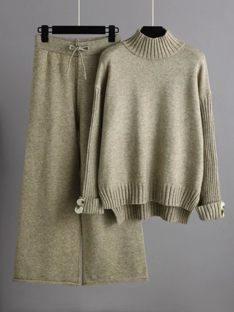 Womens Two Piece Pants Korean fashion twopiece womens clothing 2024 autumn and winter knitted woolen pants set loose 231118wtt