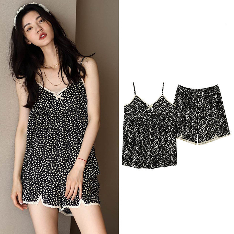 Women's Sleepwear Fdfklak Sexy Sleepwear Set Women's Summer Pajamas Thin Suspenders V Neck Shirt Pant Suit Small Floral Modal Home Clothes M