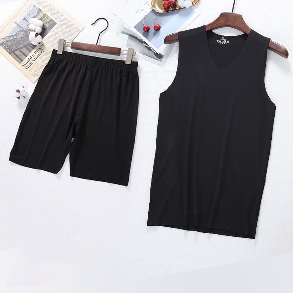 Men's Sleepwear Summer Men Ice Silk Tank Tops boxer Short Sleepwear Set Man Sleeveless Vest V-Neck T-shirts Soft Smooth Pajamas Silky Underwear 2