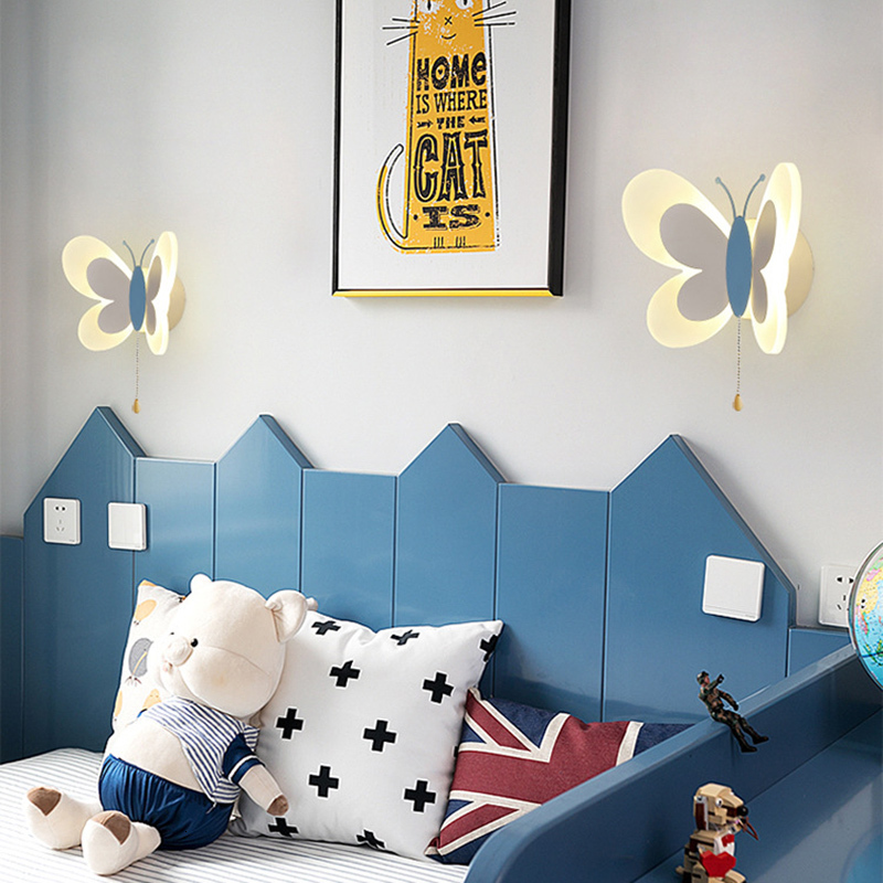 Lamps Shades Cartoon Cute Blue Pink Butterfly Wall Lamp Creative Wall Mount LED Light Kids Child Girl Boy Baby Bedroom Nursery School Decor 230418