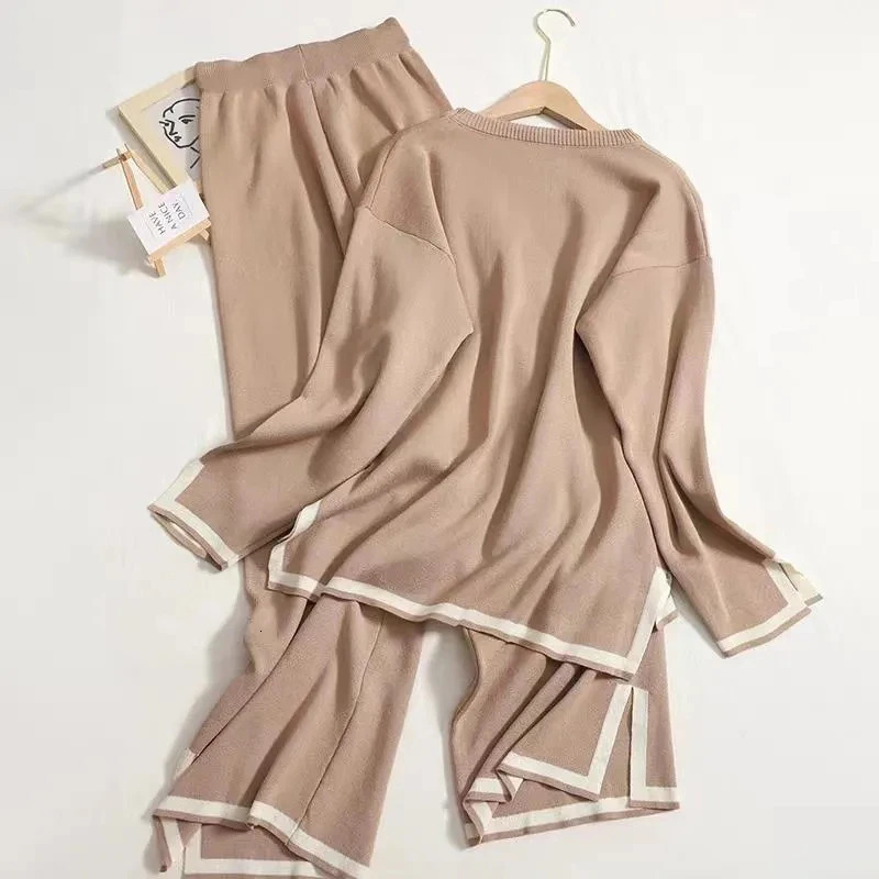 Womens Two Piece Pants Elegant Oneck side stitched long sleeved sweaterwide leg pants 2piece womens autumn solid color casual sweater 231118wtt