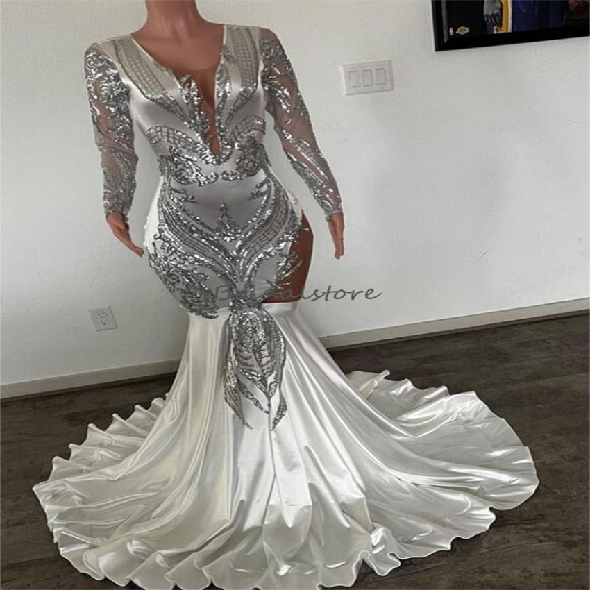 Beautiful Silver Sequin Prom Dress For Black Girl Chic Long Sleeve Mermaid Evening Dresses For 16 Birthday Formal Party Occasion Graduations 2023 vest