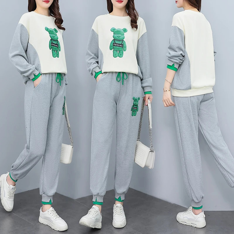 Womens Two Piece Pants Katon printed sweater knitted set for womens autumn clothing Korean loose and pencil pants twopiece patched work clothes 231118