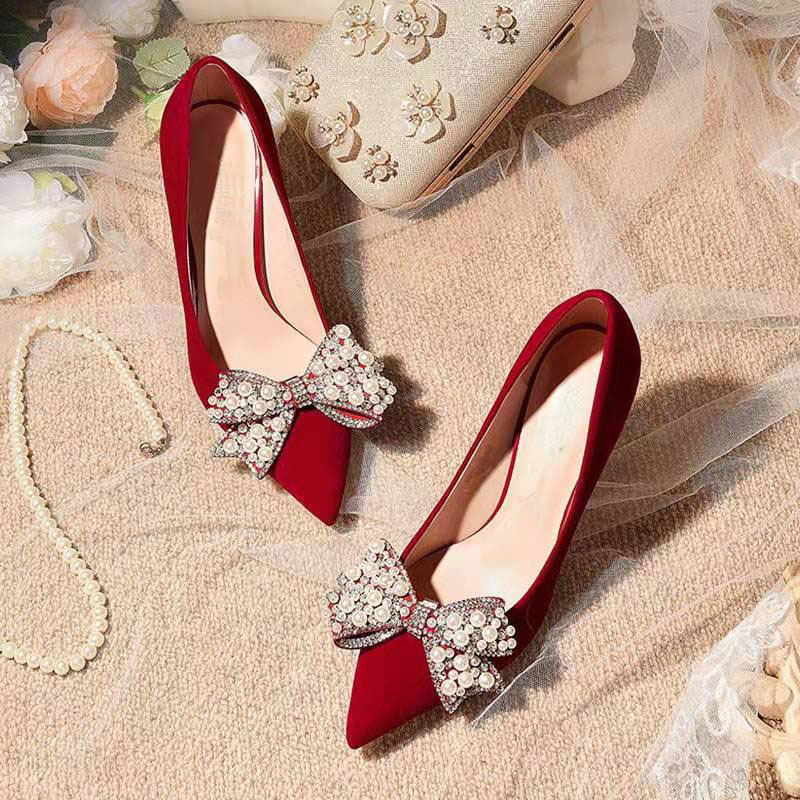 Dress Shoes Rimocy Sweet Bow Pearl Pumps Women Spring Wine Red Metal High Heels Wedding Shoes Woman Sexy Pointed Toe Pumps Ladies 230418