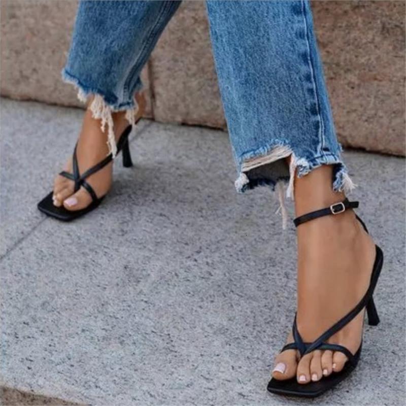 Sandals Women High Sandals Flip Flops Solid Color Buckle Square Toe Ladies High Heels Summer Fashion Casual Outdoor Female Sandals 230418
