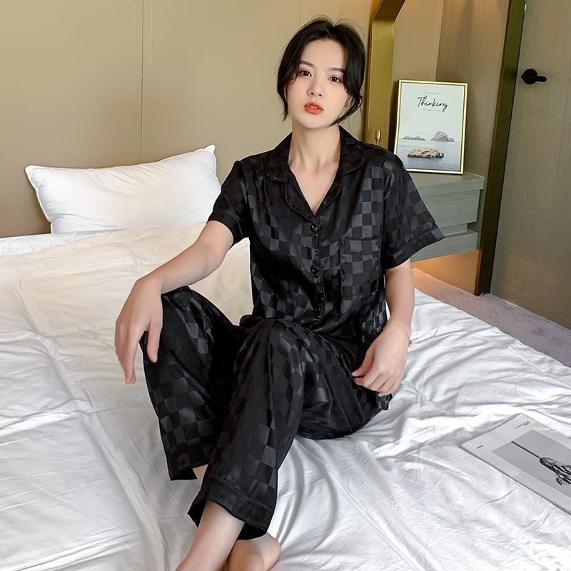 Women's Sleepwear Pink Plaid Pajamas Ladies Summer Large Size Spring and Autumn Long Sleeve Thin Ice Silk Homewear Set 230418