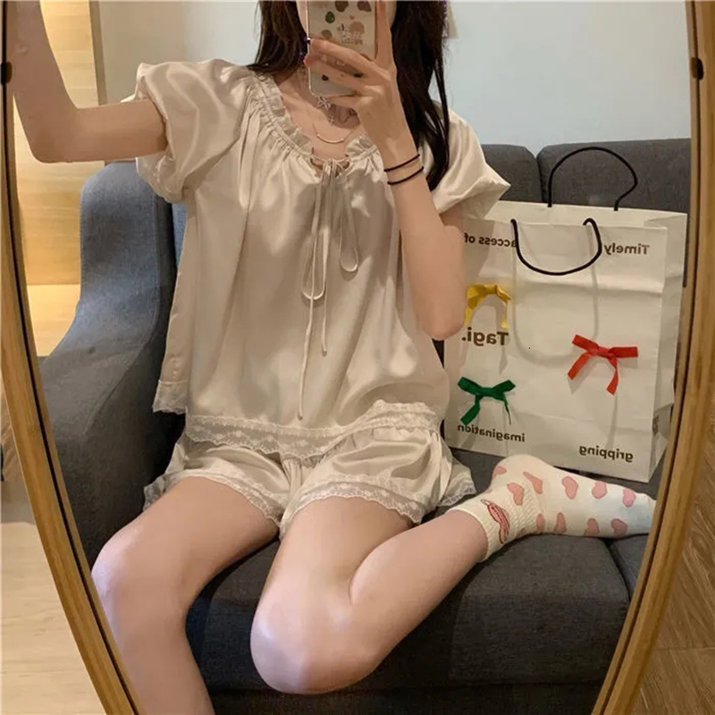 Women's Sleepwear Silk Pajamas For Women Set Summer Pyjamas Women Thin Outer Wear Home Clothes Loose Solid Color Lace Kawaii Style Two-Piece Set 