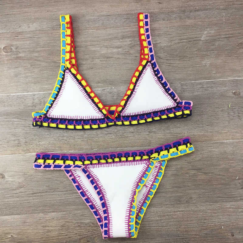 Womens Swimwear Crochet Bikini Swimwear Women Sexy Knit Patchwork Handmade Neoprene Boho Beachwear Bathing Suit Swimsuit Brazilian Biquini 230417