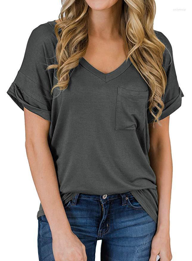 Women's T Shirts For Women Tops Summer V-neck Pocket T-shirt Curled Loose Leopard Print Solid Color All-match Urban Street Home