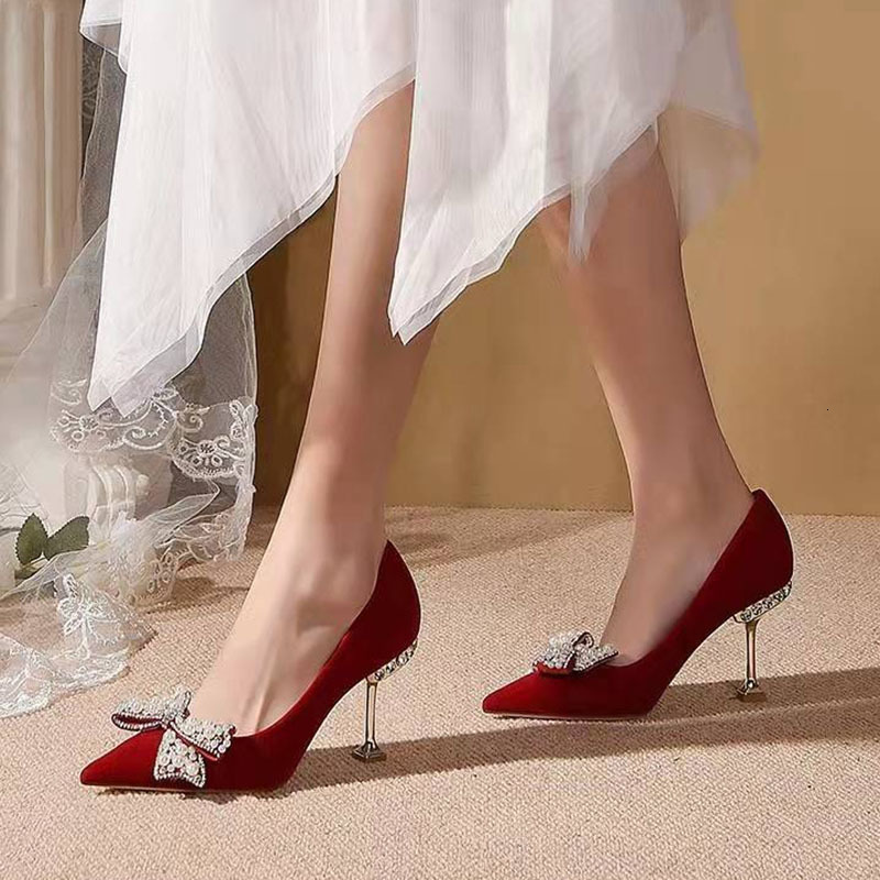Dress Shoes Rimocy Sweet Bow Pearl Pumps Women Spring Wine Red Metal High Heels Wedding Shoes Woman Sexy Pointed Toe Pumps Ladies 230418