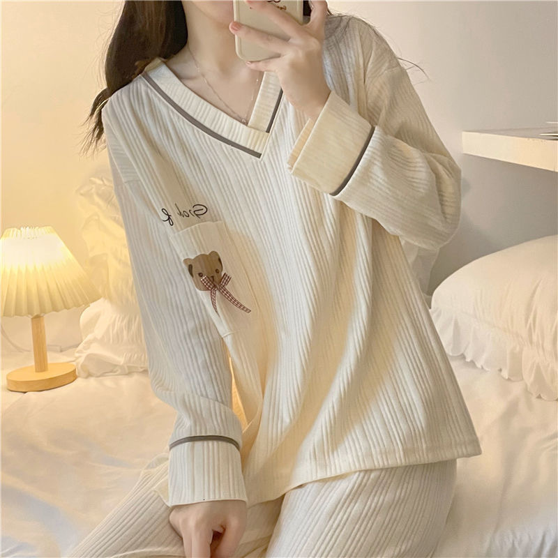 Women's Sleepwear Korean style Women Pajama Sets Spring Autumn Long Sleeve Bear Print Nightwear Loose Elegant Pyjamas Female Leisure 2-piece 2304