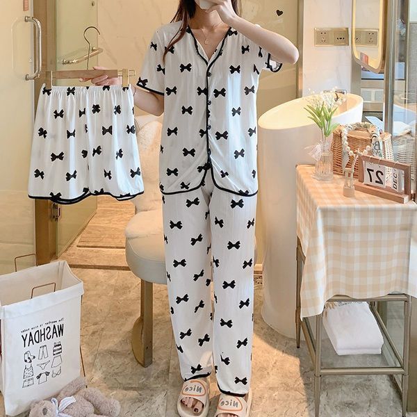 Women's Sleepwear Cartoon Pajamas Set Women Long Pants Short Sleeved Summer Spring Loungewear Female 3 PCS Home Clothing Sweet Girls Sleepwear 23