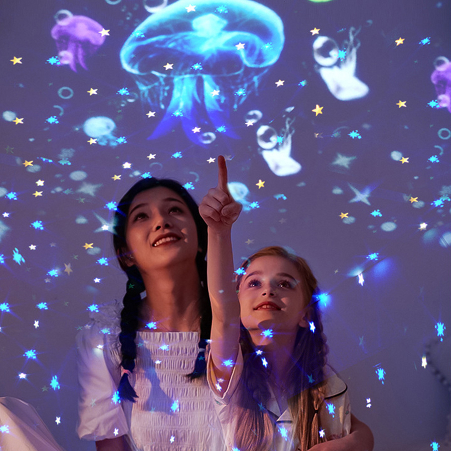 Lamps Shades Galaxy Starry Projector Night Light With Bluetooth Colorful Ocean Rotate 3D Music Night Lamp For Kids Baby Christmas Gift 230418
