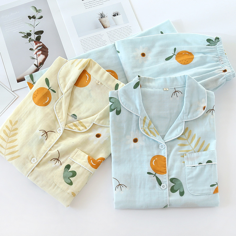 Women's Sleepwear M-XXXL Size spring summer pajamas two-piece ladies 100% cotton gauze long-sleeved trousers simple flowers loose home service se