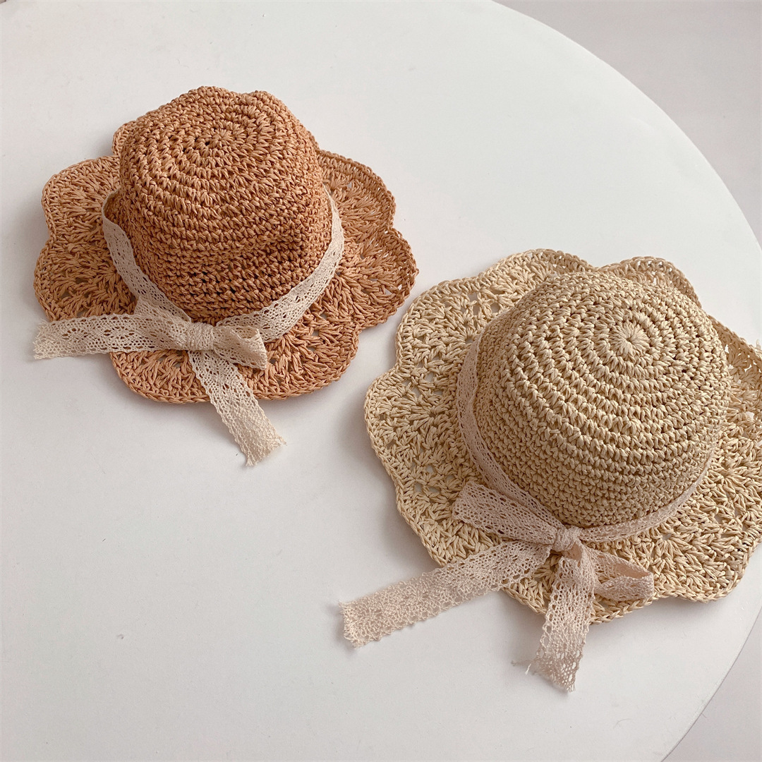 Caps Hats Fashion Baby Petal Brim Straw Woven Hat Sun Protection Lace Cap Kids Girls Princess Collapsible Beach Cute Infant Bucket Hats 230418