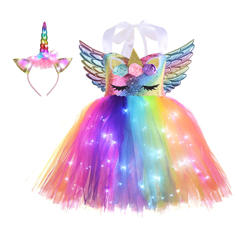 Girl's Dresses Girls Unicorn Dresses Christmas Kids LED Lights Sequin Pastel Rainbow Birthday Party Tutu Dresses Shiny Princess Cosplay Costume 2