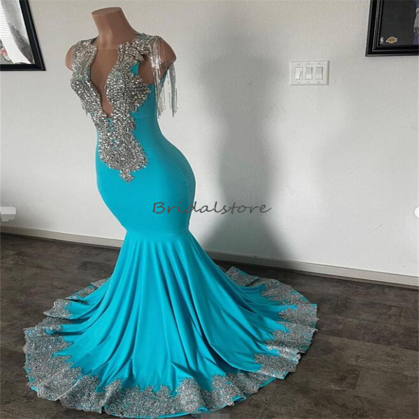 Luxury Black Girls Rhinestone Prom Dress With Tassel Elegant Mermaid Blue Plus Size Evening Gowns Open Back Beaded Formal Party Aso Ebi African Gradua