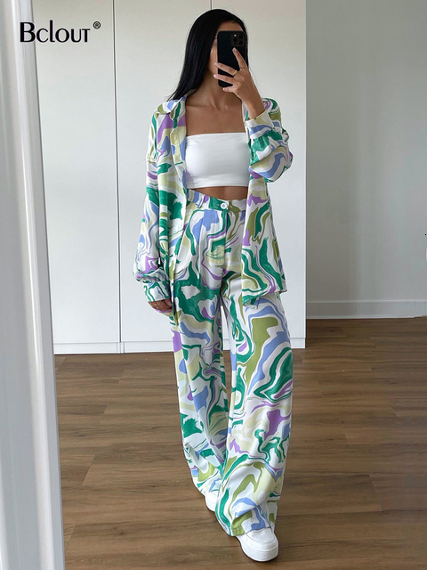 Women's Two Piece Pants Bclout Summer Print Pants Set 2 Pieces Womens Outfits Elegant Long Sleeve Shirts Fashion High Waist Long Pants Suits Fema