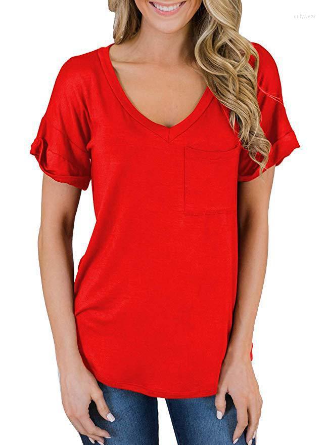 Women's T Shirts For Women Tops Summer V-neck Pocket T-shirt Curled Loose Leopard Print Solid Color All-match Urban Street Home