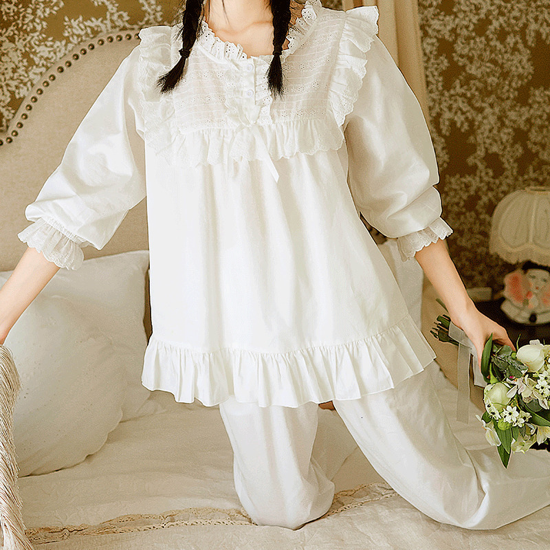 Women's Sleepwear Women Princess Long sleeve Lace Ruffle Pajama Sets TopsPants.Vintage Ladies Cotton Pyjamas Set Victorian Girl's Home Sleep