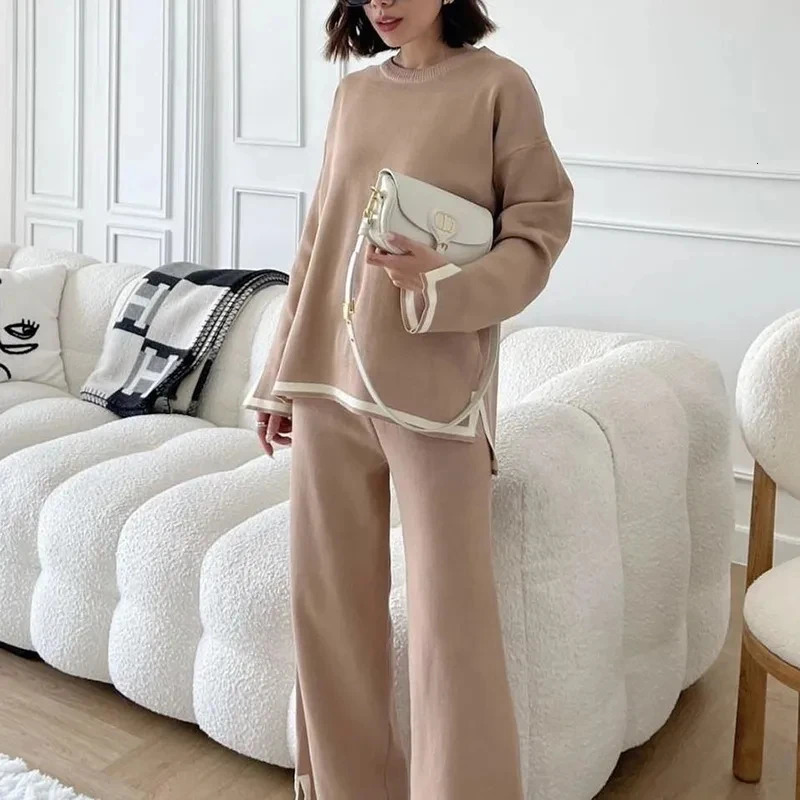 Womens Two Piece Pants Elegant Oneck side stitched long sleeved sweaterwide leg pants 2piece womens autumn solid color casual sweater 231118wtt