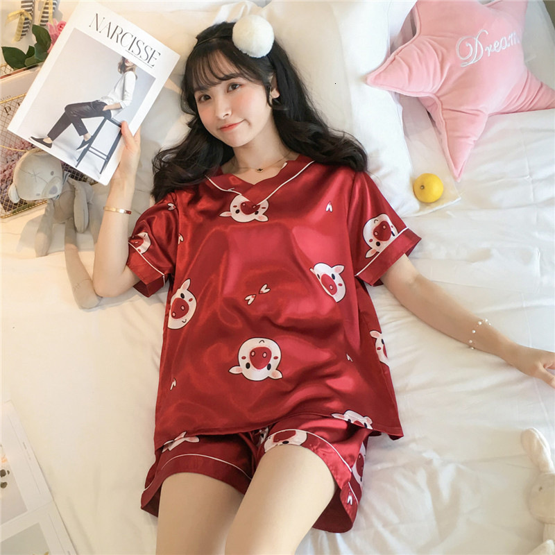Women's Sleepwear Pajamas Women Summer Thin Ice Silk Short-sleeved Two-piece Suit Net Red Cartoon Ladies Home Service Pajamas 230418