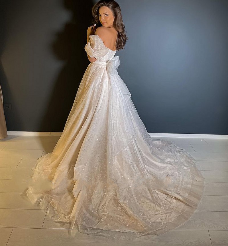 Two Pieces Shiny Glitter Wedding Dress 2023 Puffy Sleeves Detachable Skirt Sweetheart A Line Backless Bridal Gowns Vestidos De Noiva Custom Made