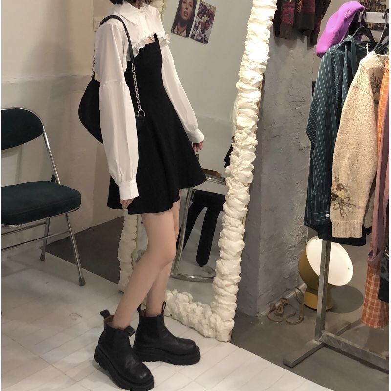 Two Piece Dres Clothing Sets Lantern Sleeve Short Loose White Shirts Korean Fashion Sexy Black Women's Dress Suit High Street 230418
