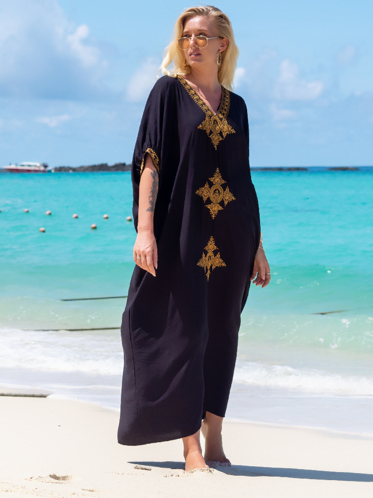 Women's Swimwear Elegant Gold Embroidered Long Kaftan Retro V-neck Black Maxi Dress Women Summer Clothes Beach Wear Swim Suit Cover Up Q1373 2304