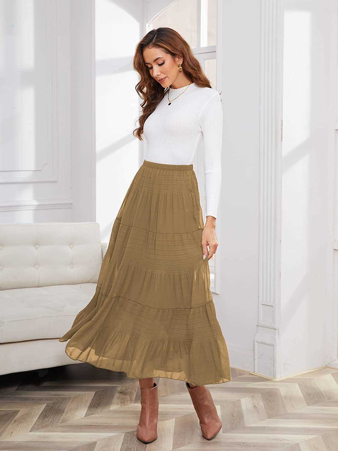 NASHALYLY Women's Chiffon Elastic High Waist Pleated A-Line Flared Maxi Skirts