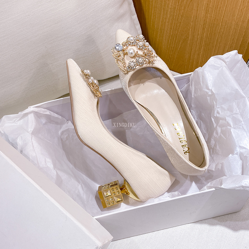 Dress Shoes Autumn Ladies High Heels Pointed Toe Shaped Heel High 5cm and 7cm Wedding Shoes Square Buckle Travel Banquet Shoe High Heels 230418