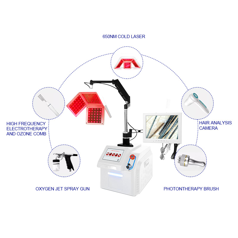 Side-effect-free Laser Hair Regrowth Regeneration Machine 650nm Diode Scalp Beauty Analysis Camera Oxygen Jet 5 in 1 Instrument for Hair Thickness