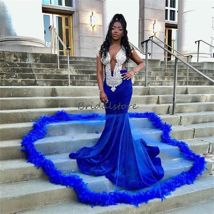 Royal Blue Feather Prom Dress Luxury Black Girls Mermaid Beaded Evening Gown Aso Ebi South African Formal Occasion Birthday Wear Beaded Crystal Robe D