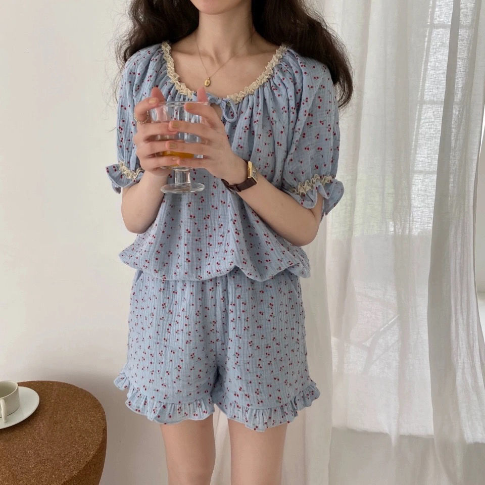Women's Sleepwear Floral Print Summer Pajamas Set Women Shirts Tops Shorts Set Two Piece Ruffles Sweet Home Suit Home Clothes Korean 230418