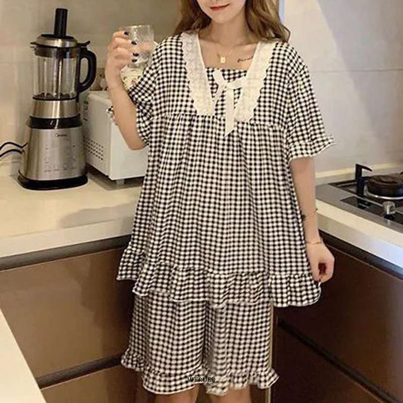 Women's Sleepwear Large Size 5XL 150kg Summer Sleepwear Suit Plaid Print Women Pajamas Sets Short Sleeve Top and Shorts Female Sweet Sleepwear Se