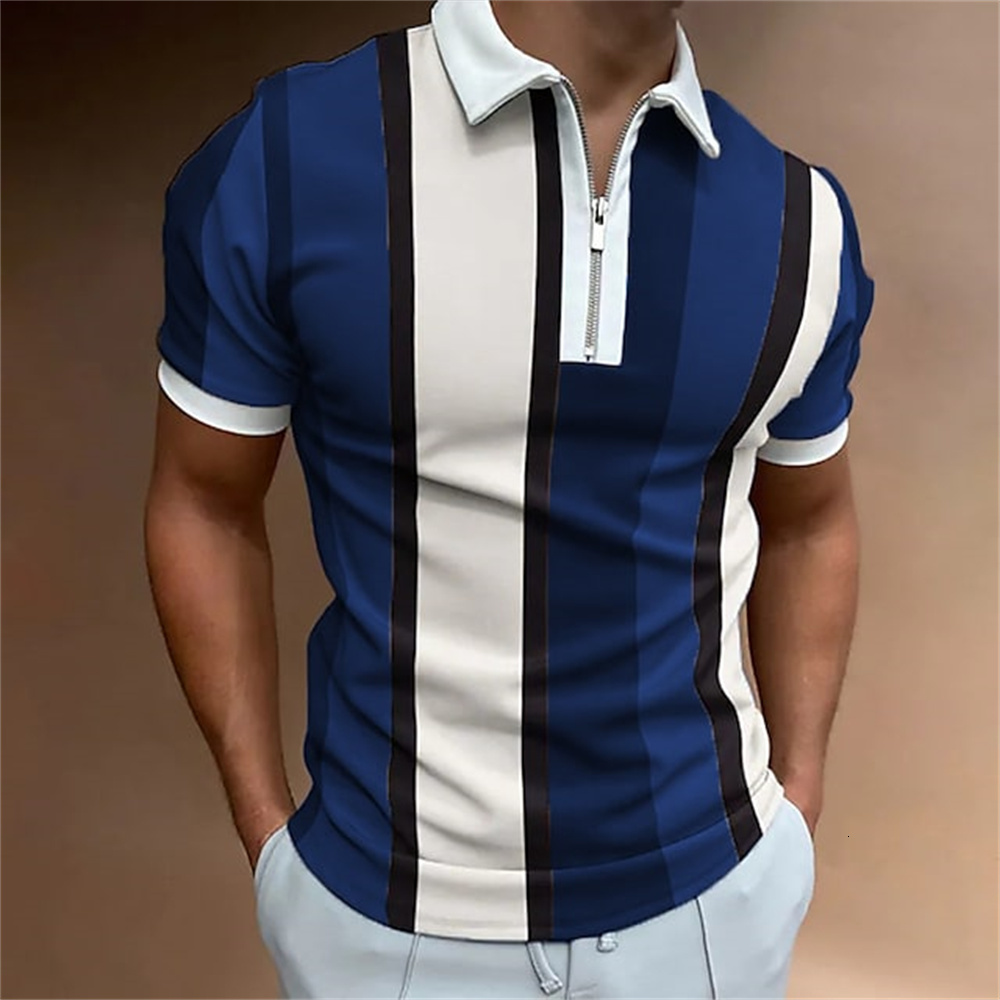Men's Polos Polo Shirt for Men Summer Men's Tops Daily Short Sleeve Striped Golf Plain Clothing Men Shirts Turn-down Collar Zippers Tee 2304