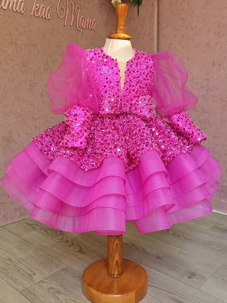 Bling Ball Gown Flower Girls Dresses For Weddings Sequined Long Sleeve Appliqued Boho Kids Birthday First Holy Communion Dress Tutu Vintage Party Page