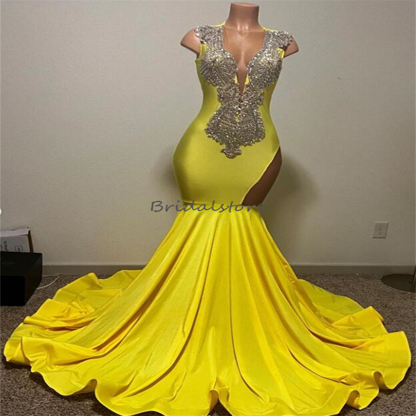 Yellow Black Girls Prom Dress 2023 Plus Size Mermaid Aso Ebi Evening Party Dresses Elegant Birthday Formal Occasion Women Wear Robe De Soiree Beaded C