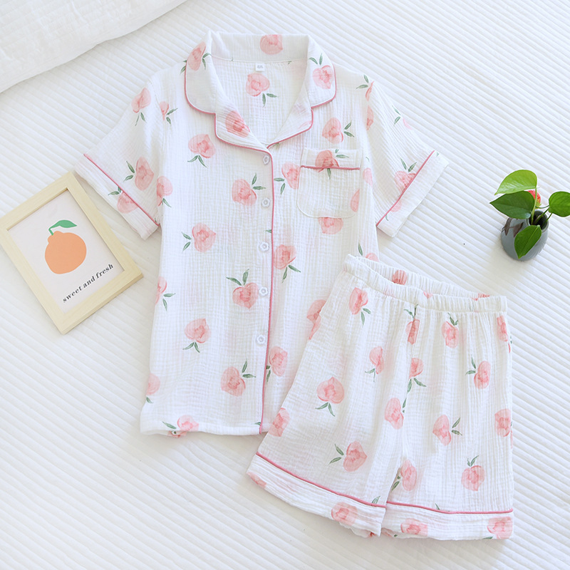 Women's Sleepwear Japanese style summer cotton short-sleeved shorts pajamas suit women double gauze cute strawberry thin home service women 23041