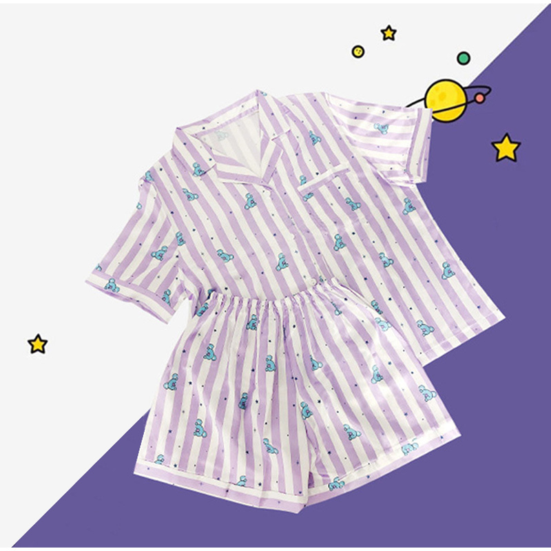 Women's Sleepwear Stripe Women Pajamas Set Single Breasted Short Sleeve Ladies Homewear Suits with Shorts Elastic Waist Summer Cartoon Sleepwear 
