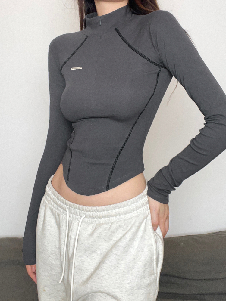 Women's T-Shirt Weekeep Casual Zip Up Turtleneck Crop Top Stitched Long Sleeve Skinny T-shirts y2k Aesthetic Streetwear Harajuku Women Clothing 2