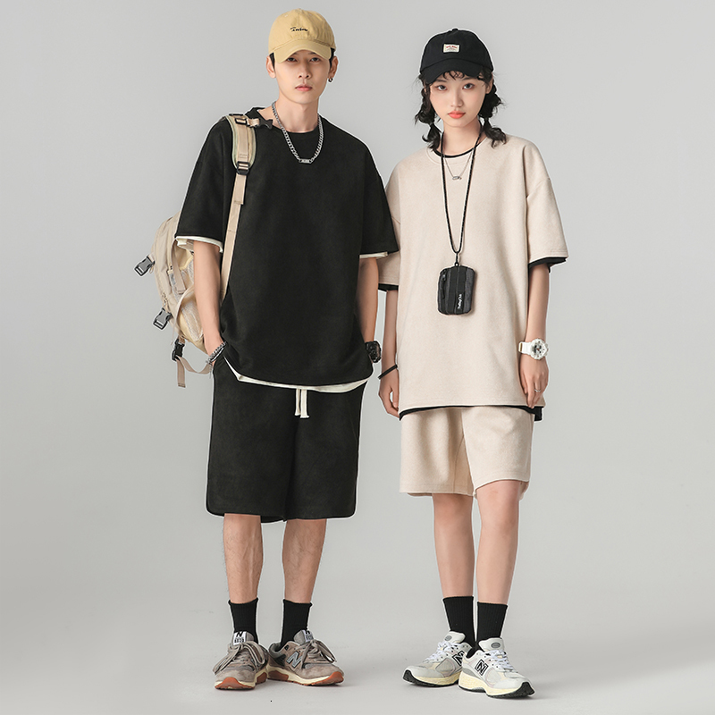 Men's Tracksuits M-3XL Summer Man Short Sets Oversized Solid Tracksuits Mens Casual Two Pieces Short Sleeve T Shirts and Shorts Set Male Female 2