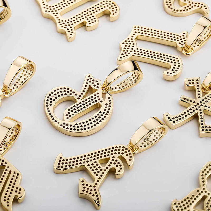 Mens Capital Ancient 26 English Letters Pendant Necklaces Old Font Initial Letter Real 18k Gold Bling CZ Stone Hip Hop Personalized Jewelry Accessorie