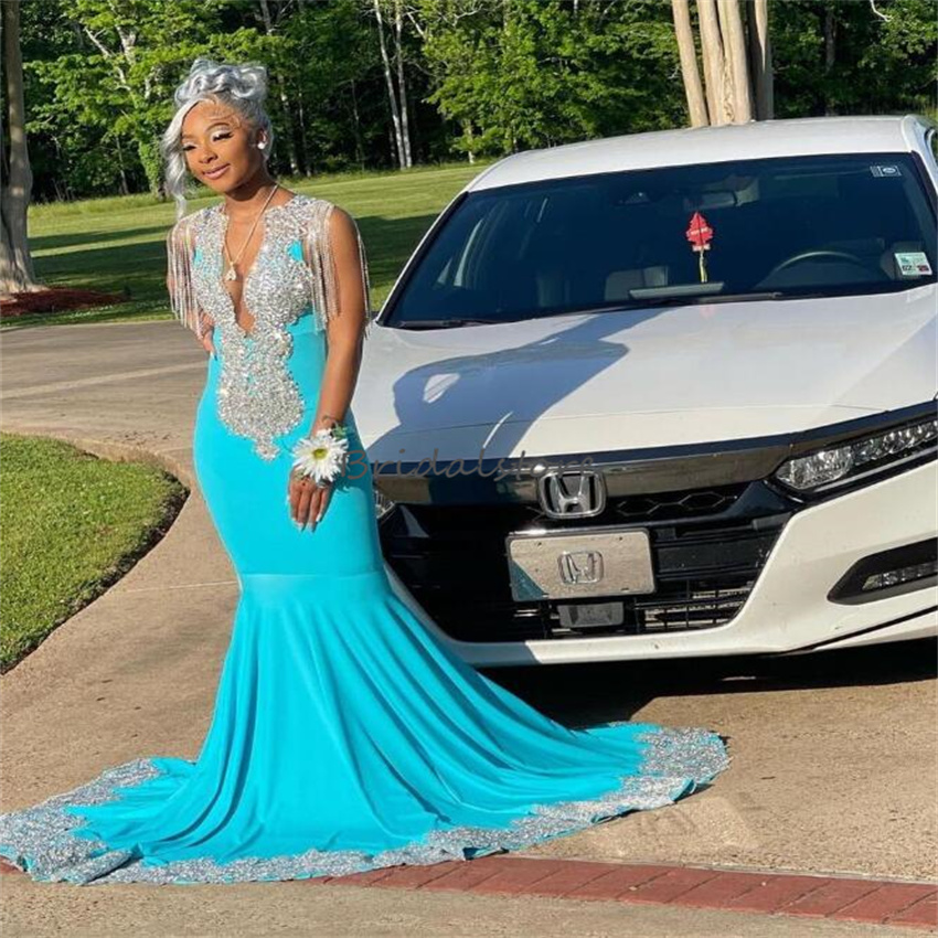Luxury Black Girls Rhinestone Prom Dress With Tassel Elegant Mermaid Blue Plus Size Evening Gowns Open Back Beaded Formal Party Aso Ebi African Gradua