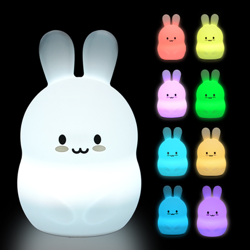 Lamps Shades Rabbit LED Night Light Touch Sensor 9 Colors Battery Powered Cartoon Silicone Bunny Bedside Lamp for Children Kids Baby Toy Gift 230418