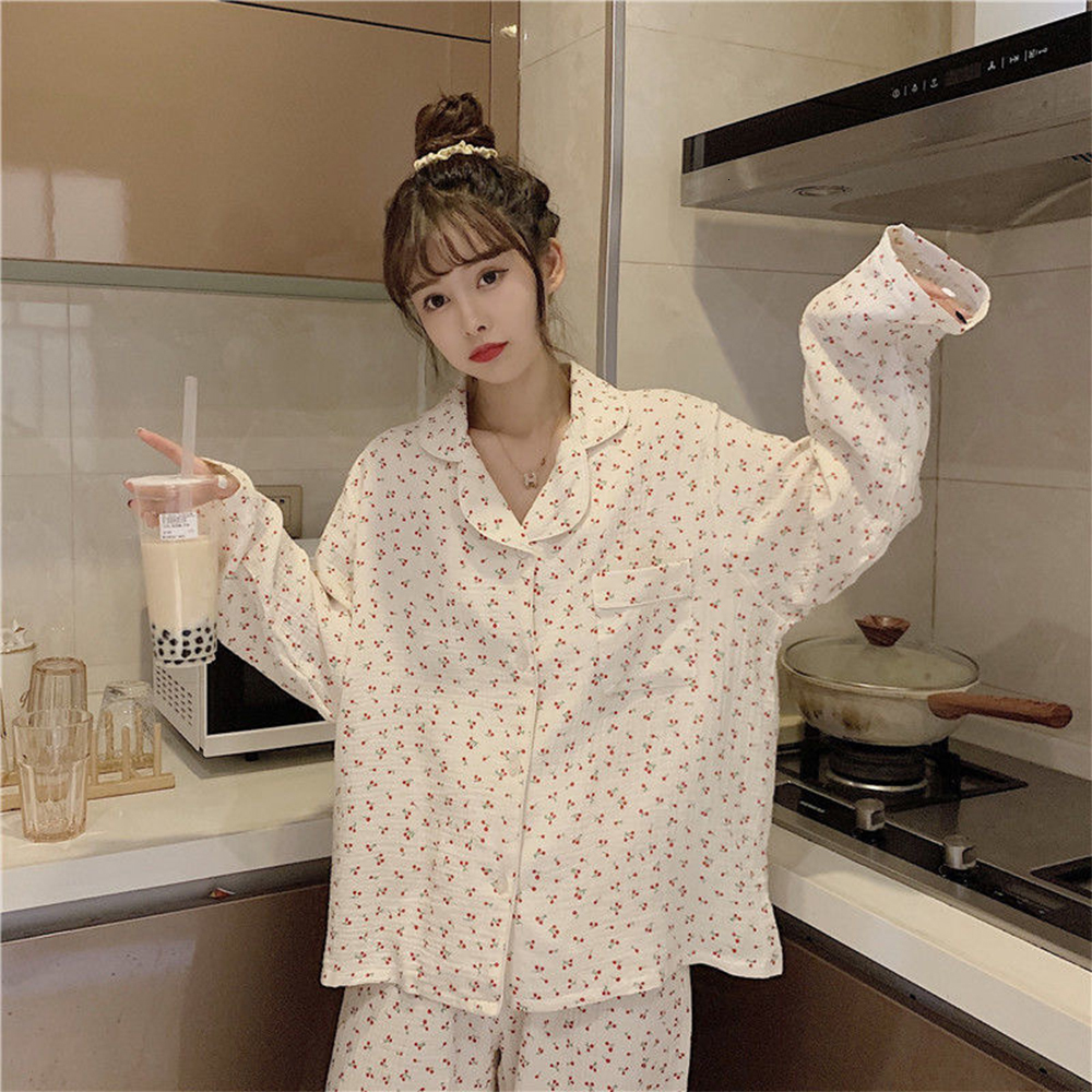 Women's Sleepwear linen 100%cotton Pajama Sets Women Cute Cherry print Spring Long Sleeve Sleepwear Loose Sweet Girl Students Length Pants Lounge