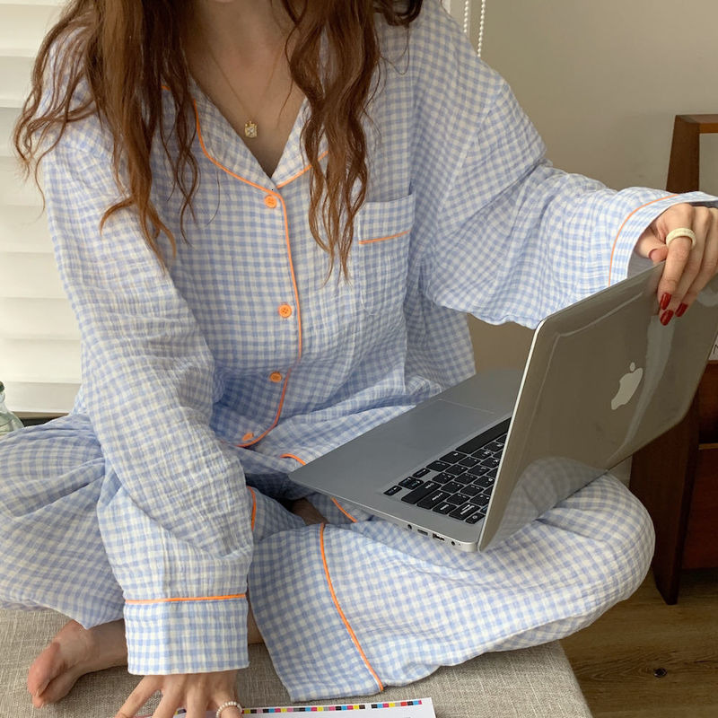 Women's Sleepwear Cotton Women's Pajamas Korean Sleepwear Female 2 Piece Set Pijama Plaid Nightwear Autumn Pyjamas Home Clothes Loungewear 2
