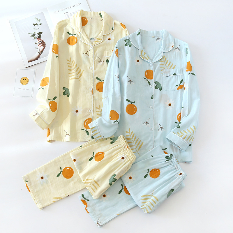 Women's Sleepwear M-XXXL Size spring summer pajamas two-piece ladies 100% cotton gauze long-sleeved trousers simple flowers loose home service se