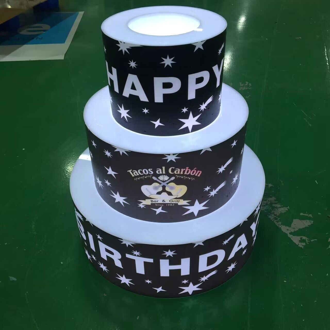 Party Nightclub rechargeable Happy birthday luminous 3 layers LED cake bottle presenter OEM custom LOGO Champagne Glorifier Neon Sign